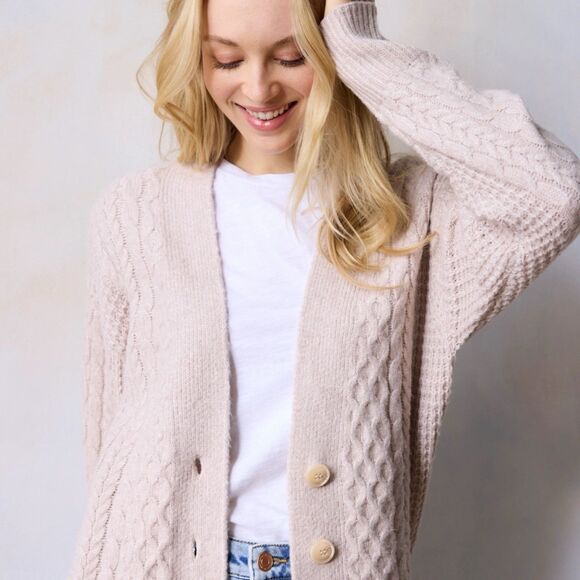 LC Lauren Conrad Cardigan Size Large Beige Cabled Sweater Women's NWT Button - Picture 3 of 10